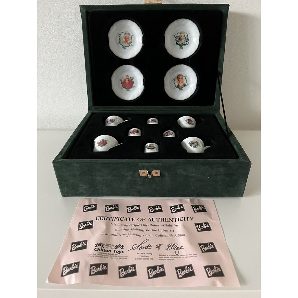 Holiday Barbie Collectible tea set ceramic green velvet display box